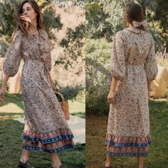 Christy Dawn The Plum Dress S Sand Anemone Vine Puff Floral Ruffle Women’s NWT - Picture 1 of 13